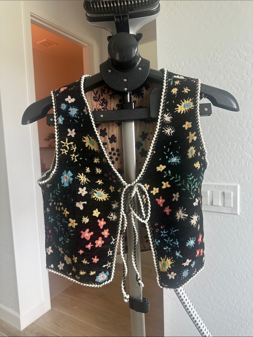 Black Floral Embroidered Tie-Front Vest